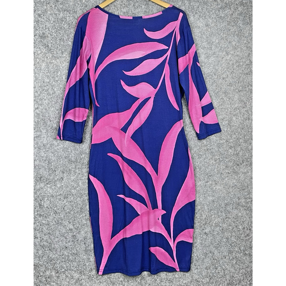 The Kit Tropical Leaf Print Boho Midi Dress Size L Slim Fit Stretchy Resortwear - Picture 4 of 8